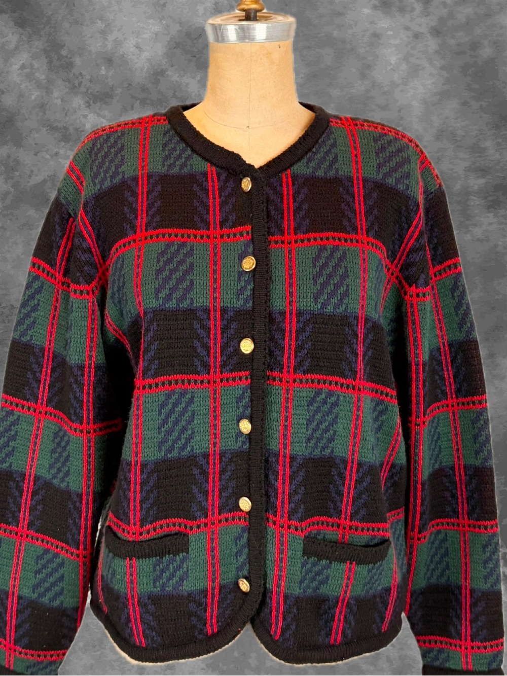 VINTAGE tartan plaid red knit sweater cardigan gold tone buttons Tally Ho 80s